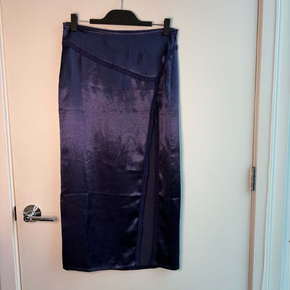 Free People Dakota Side Slit Satin Midi Skirt Navy Blue